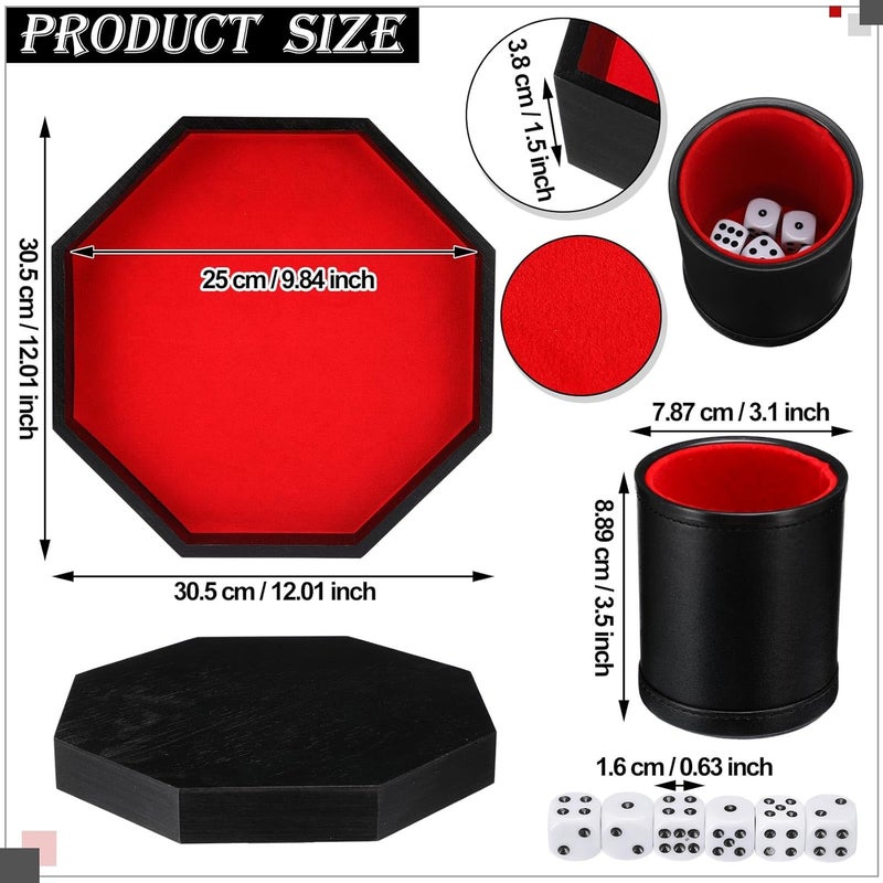 MiniInflat Octagon Tray Dice Cup Set Include Wooden Dice Tray Felt Lined PU Leather Dices Cup with 6 Dot Dices for Table Games(Black) - Image 2